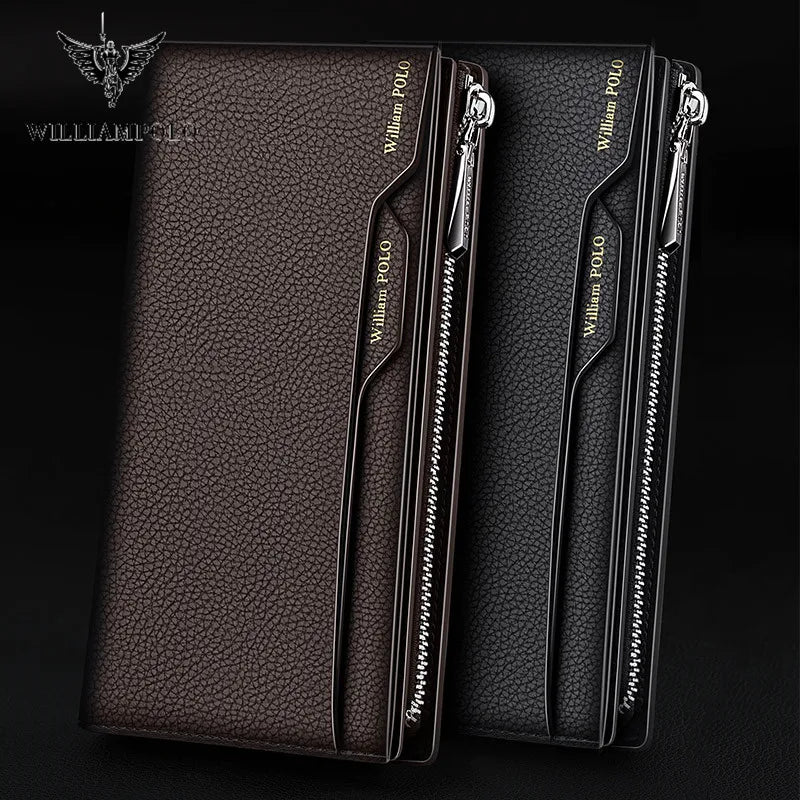 WilliamPOLO Male Genuine Leather Wallets Men Wallet Credit Business Card Holders Fashion Mobile Phone Bag Zipper Purse Handbag